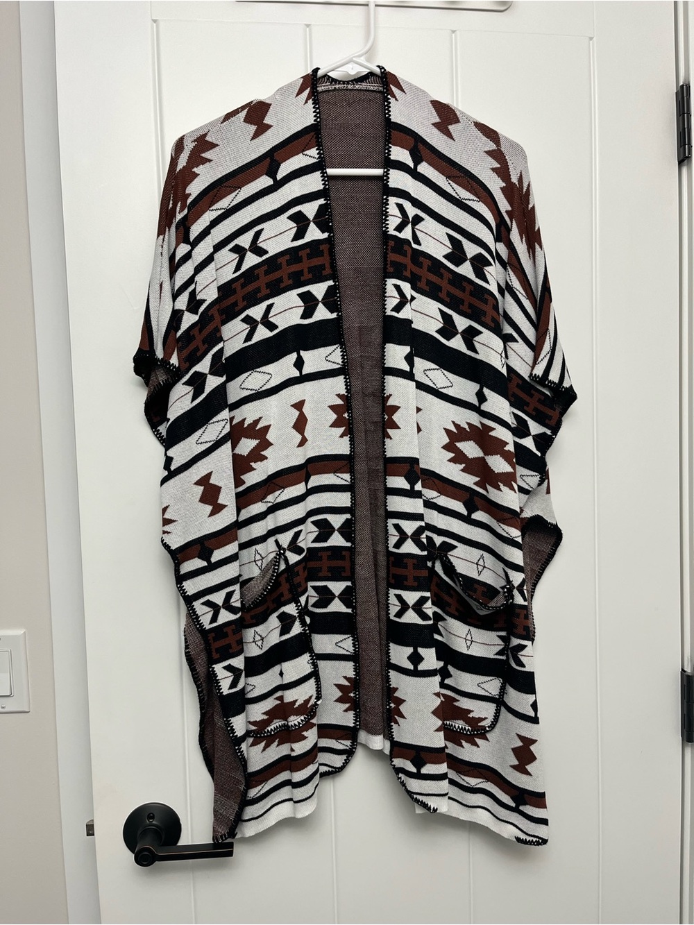 SHEIN Brown Black and White Aztec Open Front Poncho Cardigan